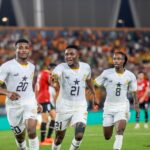Mohammed Kudus of Ghana celebrates goal with teammates during the 2023 Africa Cup of Nations mach between Egypt and Ghana held at Felix Houphouet Boigny Stadium in Abidjan, Ivory Coast on 18 January 2024 ©Lenoir Records/BackpagePix