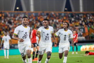 Mohammed Kudus of Ghana celebrates goal with teammates during the 2023 Africa Cup of Nations mach between Egypt and Ghana held at Felix Houphouet Boigny Stadium in Abidjan, Ivory Coast on 18 January 2024 ©Lenoir Records/BackpagePix