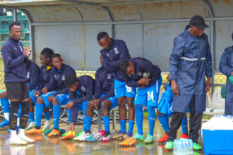 Kabwe Warriors players during their Super League match against Trident FC at the Godfrey Ucar Chitalu stadium in Kabwe. (Photo via KWFC media)