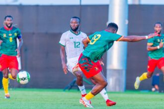 Emmanuel Banda in action against Cameroon in a pre-Afcon friendly game on January 9, 2024 in Saudi Arabia. (Photo via FAZ media)