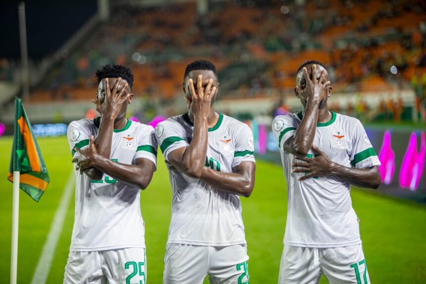 FROM LEFT TO RIGHT: Kennedy Musonda, Patson Daka and Clatous Chama celebrating Zambia's equalizer during the AFCON group F match between Zambia and Tanzania at the Laurent Poukou Stadium on Janaury 21, 2024 in San Pedro, Ivory Coast. (Photo via FAZ media)