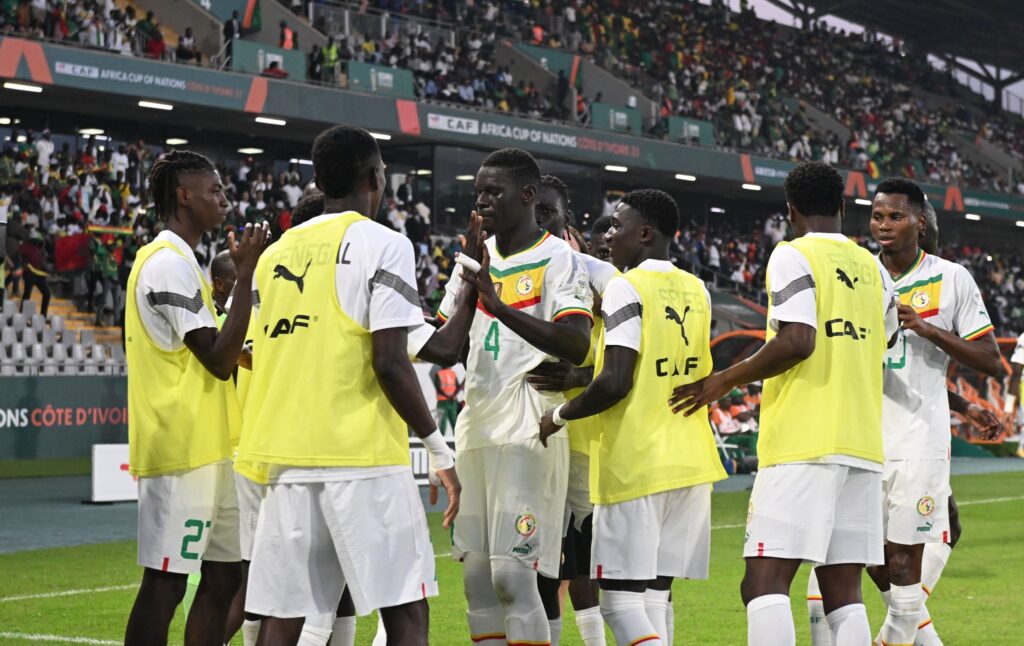 Senegalese players celebrating their victory over Guinea in the group stage of the 2023 AFCON. (Photo via CAFonline)