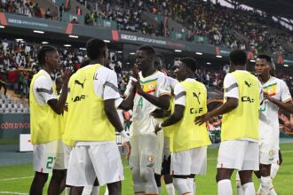 Senegalese players celebrating their victory over Guinea in the group stage of the 2023 AFCON. (Photo via CAFonline)