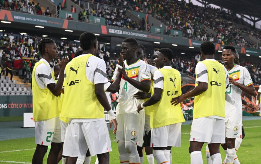 Senegalese players celebrating their victory over Guinea in the group stage of the 2023 AFCON. (Photo via CAFonline)