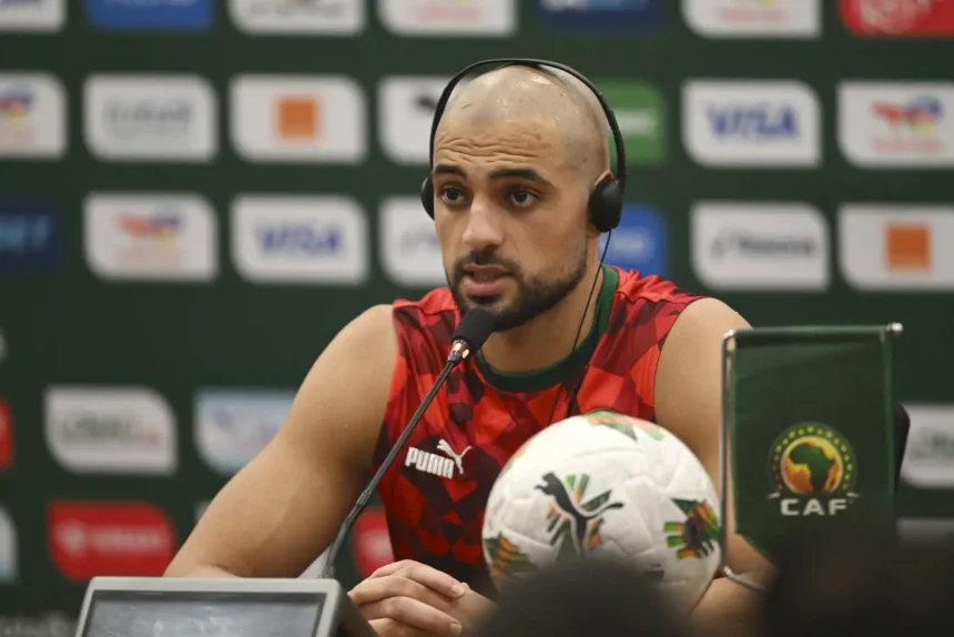 Sofyan Amrabat during the post-match press conference after the Morocco vs Zambia group F final match at the Laurent Pokou stadium in San Pedro. (Photo via Cafonline)