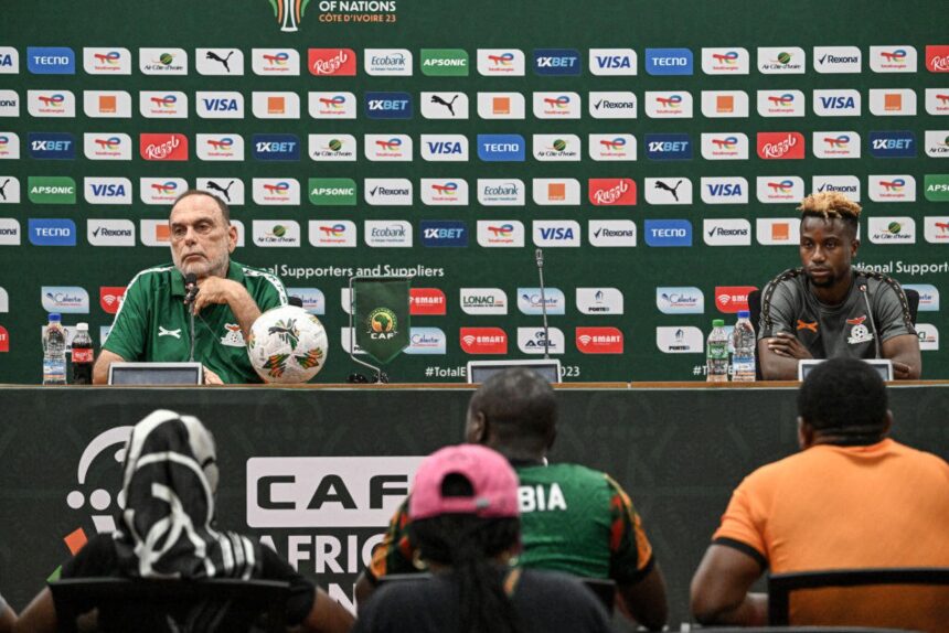 Avram Grant (L) and Chipolopolo Lubambo Musonda (R) during a press conference at the Laurent Pokou stadium in San-Pedro on January 16, 2024 on the eve of the Africa Cup of Nations (CAN) 2024 football match between Democratic Republic of Congo and Zambia. (Photo by SIA KAMBOU/AFP via Getty Images)