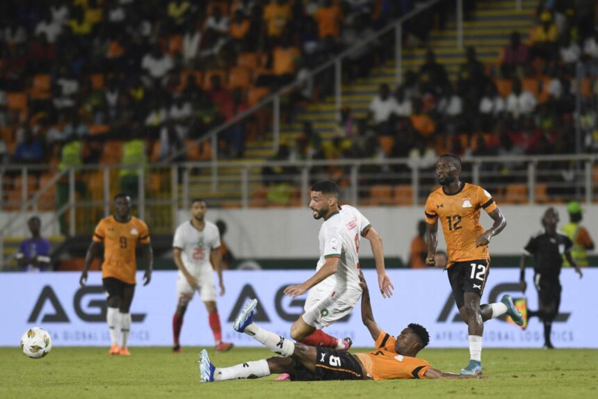 Tarik Tissoudali (9) of Morocco in action during the Africa Cup of Nations Group F match between Zambia and Morocco at Laurent Pokou Stadium in San Pedro, Ivory Coast on January 24, 2024. (Photo by Stringer/Anadolu via Getty Images)