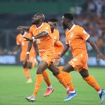 Seko Fofana celebrates his first goal in the opening match of the 2023 Africa Cup of Nations against Guienea Bissua on Janaury 13, 2024 t the Alassane Ouattara Olympic Stadium on January 14, 2024 in Abidjan, Ivory Coast. (Photo via CAFonline)