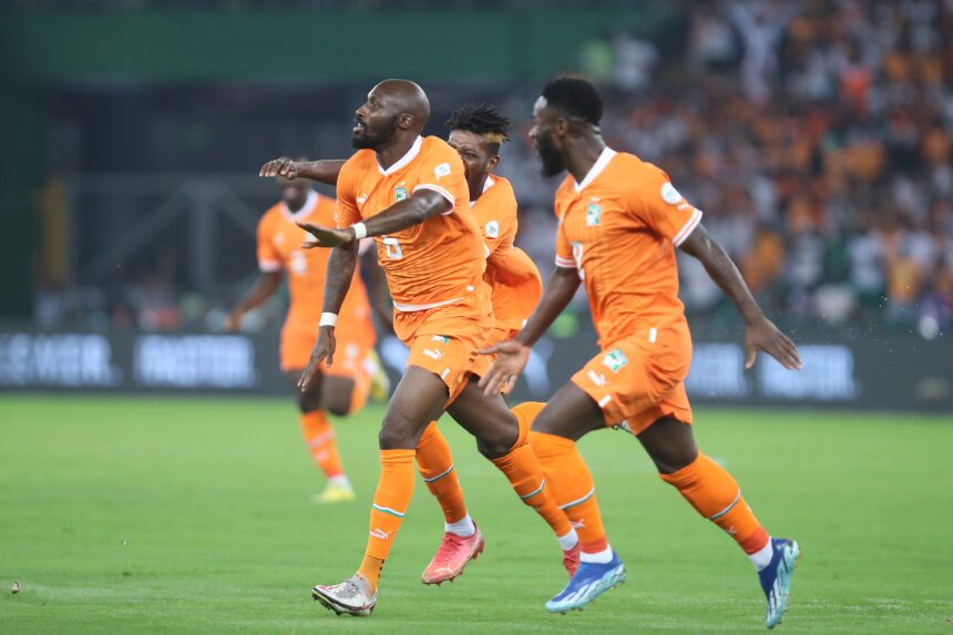 Seko Fofana celebrates his first goal in the opening match of the 2023 Africa Cup of Nations against Guienea Bissua on Janaury 13, 2024 t the Alassane Ouattara Olympic Stadium on January 14, 2024 in Abidjan, Ivory Coast. (Photo via CAFonline)