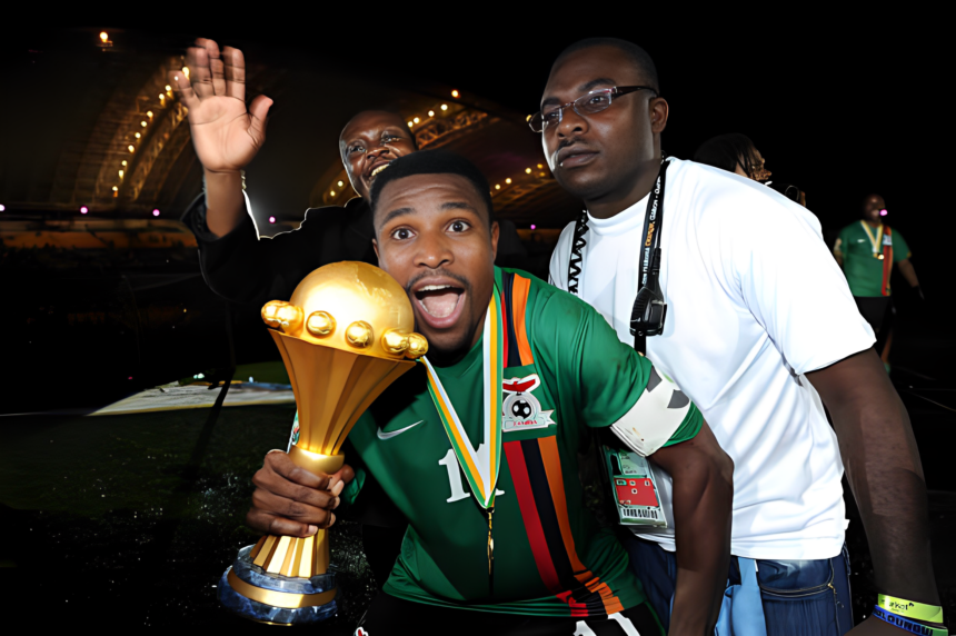 Christopher Katongo celebrates with the trophy after winning the 2012 African Cup of Nations Final between Zambia and Ivory Coast at the Stade de l'Amitie in Libreville, Gabon. Photo: Ben Radford/Visionhaus (Photo by Ben Radford/Corbis via Getty Images)