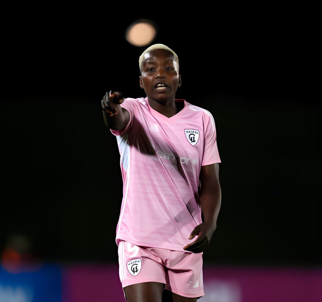 Racheal Kundananji reacts during Liga F match between Real Madrid and Madrid CFF at Estadio Alfredo Di Stefano on January 07, 2024 in Madrid, Spain. (Photo by Diego Souto/Getty Images)