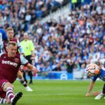 James Ward-Prowse of West Ham United scores the team's first goal during the Premier League match between Brighton & Hove Albion and West Ham United at American Express Community Stadium on August 26, 2023 in Brighton, England. (Photo by Charlie Crowhurst/Getty Images)