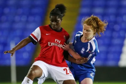 Birmingham City's Aoife Mannion and Arsenal's Freda Ayisi (left) in action in 2015. (Photo/courtesy)