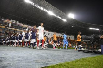 Players from both teams take the field before the Africa Cup of Nations Group F match between Zambia and Morocco at Laurent Pokou Stadium in San Pedro, Ivory Coast on January 24, 2024. (Photo by Stringer/Anadolu via Getty Images)