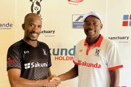 Kelvin Kaindu and his newly appointed Assistant Coach Try Ncube. (Photo via FB/Highlanders F.C )