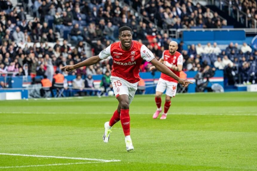 Marshall Munetsi celebrating his goal in the French Ligue 1 for Stade Reims. (Photo/courtesy)