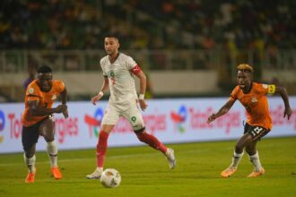 From left to right, Zambia's Lameck Banda, Morocco's Hakim Ziyech and Lubambo Musonda during the African Cup of Nations Group F game, Zambia vs Morocco, at Stade Laurent Pokou, San Pedro, Ivory Coast January 24 2024. (Photo by Kim Price/Cal Sport Media)