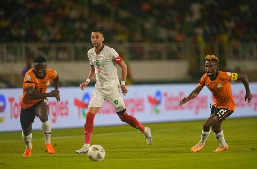 From left to right, Zambia's Lameck Banda, Morocco's Hakim Ziyech and Lubambo Musonda during the African Cup of Nations Group F game, Zambia vs Morocco, at Stade Laurent Pokou, San Pedro, Ivory Coast January 24 2024. (Photo by Kim Price/Cal Sport Media)