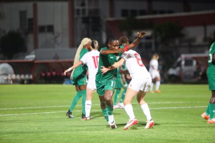 Barbra Banda tightly marked in the Olympic qualifier between Morocco and Zambia on April 10, 2024 in Rabat. (Photo via FAZ media)