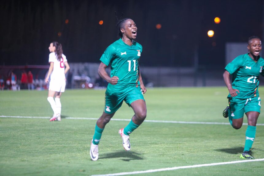 Barbra Banda celebrates her match winning goal against Morocco on April, 10,2024 at the at the Prince Moulay El Hassan Stadium in Rabat. (Photo via FAZ media)