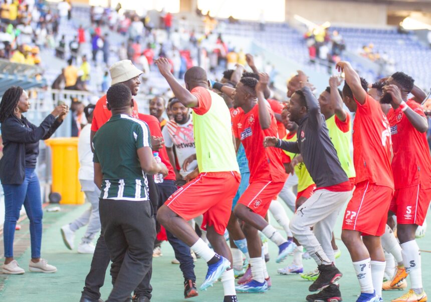 Nkana FC players celebrating their 2-0 win over rivals Power Dynamos at the Levy Mwanawansa stadium on 20/04/2024. (Photo via Nkana FC media)