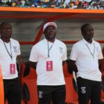 Kabwe Warriors coach Numba Mumamba (C) with his assistants during the 2024 ABSA Cup final at the National Heroes Stadium in Lusaka. (Photo vi9a KWFC media)
