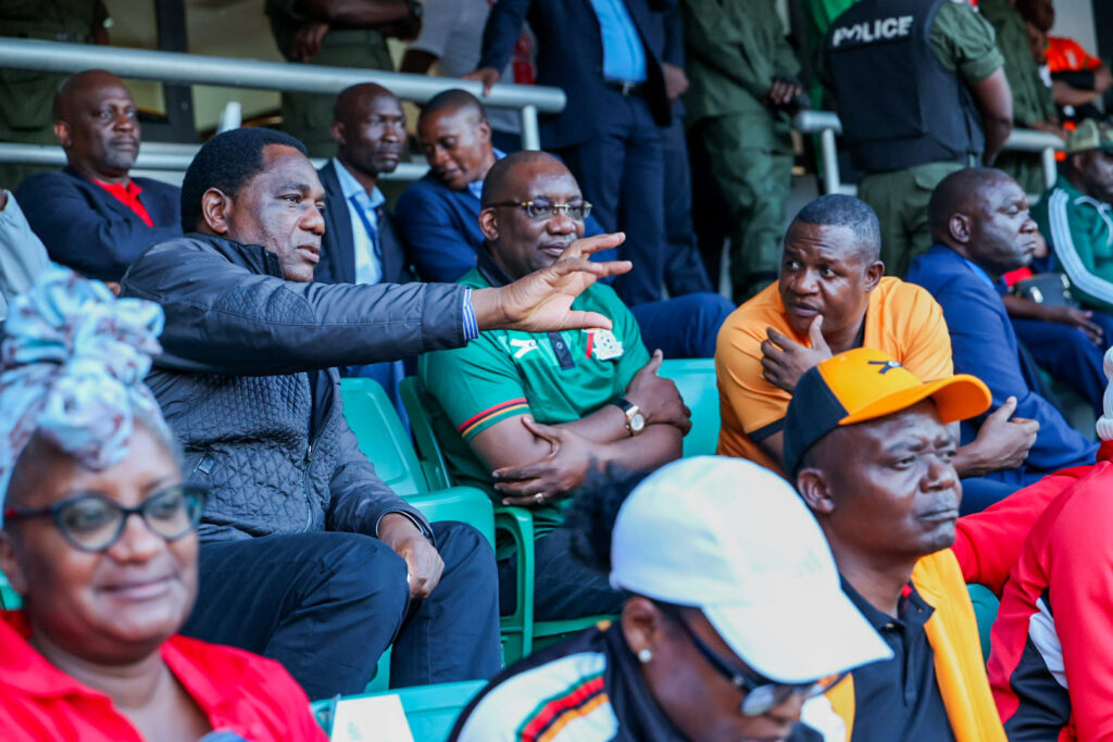 From left to right: Republican President Hakainde Hichilema, Minister of Sport, Elvis Nkandu, and FAZ president Andrew Kamanga during the 2024 ABSA Cup final at the National Heroes Stadium in Lusaka on Sunday, 12, 2024. (Photo/courtesy)