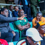 From left to right: Republican President Hakainde Hichilema, Minister of Sport, Elvis Nkandu, and FAZ president Andrew Kamanga during the 2024 ABSA Cup final at the National Heroes Stadium in Lusaka on Sunday, 12, 2024. (Photo/courtesy)