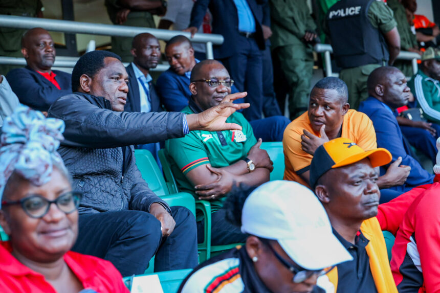 From left to right: Republican President Hakainde Hichilema, Minister of Sport, Elvis Nkandu, and FAZ president Andrew Kamanga during the 2024 ABSA Cup final at the National Heroes Stadium in Lusaka on Sunday, 12, 2024. (Photo/courtesy)