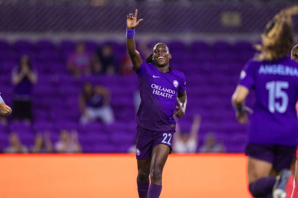 Barbra Banda celebrates her goal for Orlando Pride. (Photo via Orlando Pride media)