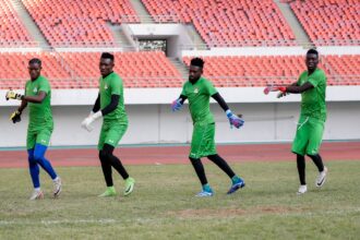 From left to right: Toaster Nsabata, Victor Chabu, Lawrence Mulenga and Charles Kalumba during the National team training at the National Heroes Stadium in Zambia. (Photo via FAZ media)