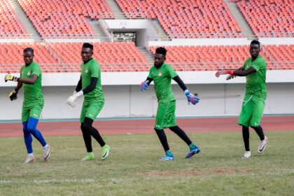 From left to right: Toaster Nsabata, Victor Chabu, Lawrence Mulenga and Charles Kalumba during the National team training at the National Heroes Stadium in Zambia. (Photo via FAZ media)