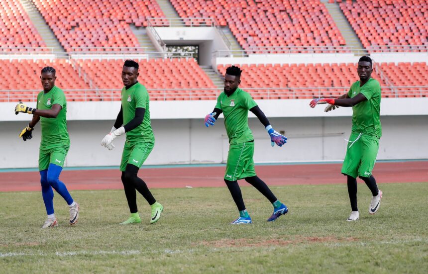 From left to right: Toaster Nsabata, Victor Chabu, Lawrence Mulenga and Charles Kalumba during the National team training at the National Heroes Stadium in Zambia. (Photo via FAZ media)