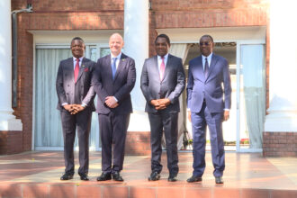 From left to right: Minister of Sports Elvis Nkandu, FIFA president Gianni Infantino, Republican President Hakainde Hichilema and FAZ president Andrew Kamanga at state house in Lusaka on 13, June, 2024. (Photo via FB/ZNBC TODAY)