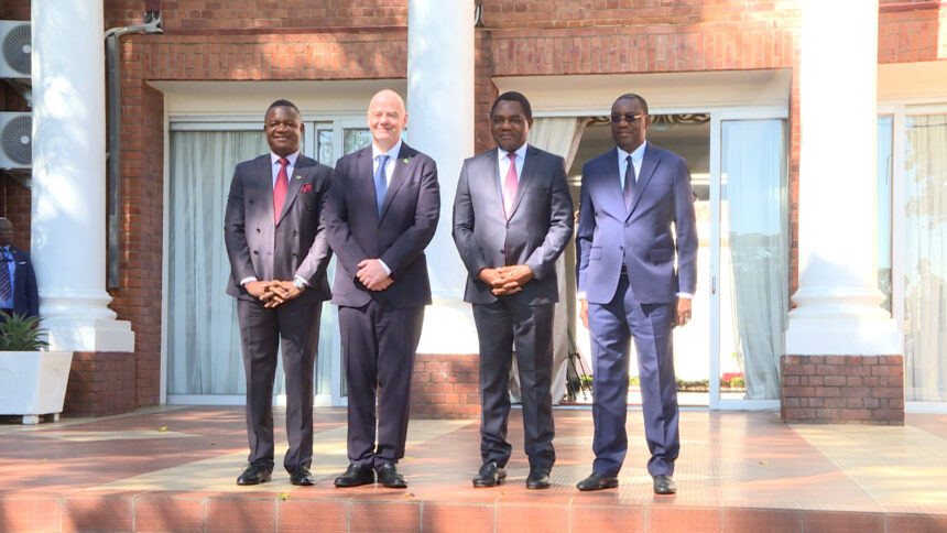 From left to right: Minister of Sports Elvis Nkandu, FIFA president Gianni Infantino, Republican President Hakainde Hichilema and FAZ president Andrew Kamanga at state house in Lusaka on 13, June, 2024. (Photo via FB/ZNBC TODAY)