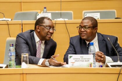 FAZ President Andrew Kamanga and Secretary General Reuben Kamanga during the Annual General Meeting in Lusaka on June 22, 2024. (Photo via FAZ Media)