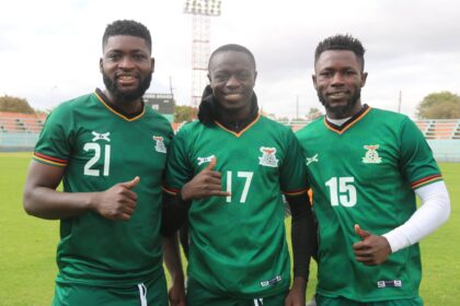 From left to right: Chitoshi Chinga, Mathews Banda and Kelvin Kampumbu during training at the Nkoloma stadium in Lusaka. (Photo via FAZ media)