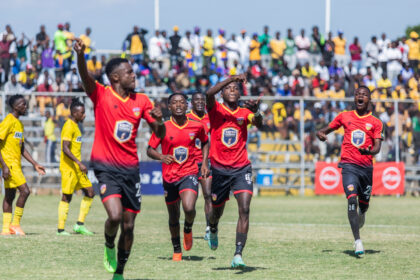 FC MUZA captain Kelvin Mwanza leads his team in celebrating his goals against Kabwe Warirors in a 1-2 defeat in the Absa Cup 2024 semi-final match played at Arthur Davies stadium in Kitwe. (Photo via FAZ media)