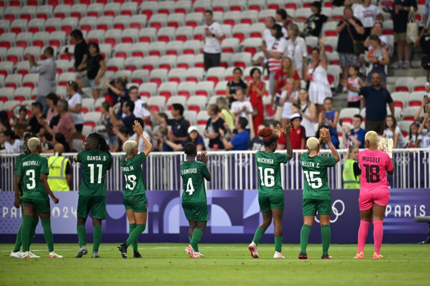 NICE, FRANCE - JULY 25: Players of Team Zambia acknowledge the fans after the Women's group B match between United States and Zambia during the Olympic Games Paris 2024 at Stade de Nice on July 25, 2024 in Nice, France. (Photo by Stuart Franklin - FIFA/FIFA via Getty Images)