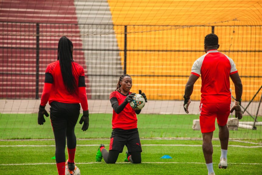 TP Mazembe goalkeeper Agness Fabiola Banda holding the ball during training. (Photo/courtesy)