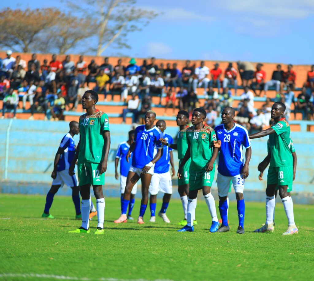 Atletico Lusaka and Nkwazi FC players waiting for the ball during a week four MTN Super League match at Nkoloma stadium1st September 2024 in Lusaka. (Photo by Nkwazi FC media)