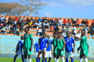 Atletico Lusaka and Nkwazi FC players waiting for the ball during a week four MTN Super League match at Nkoloma stadium1st September 2024 in Lusaka. (Photo by Nkwazi FC media)