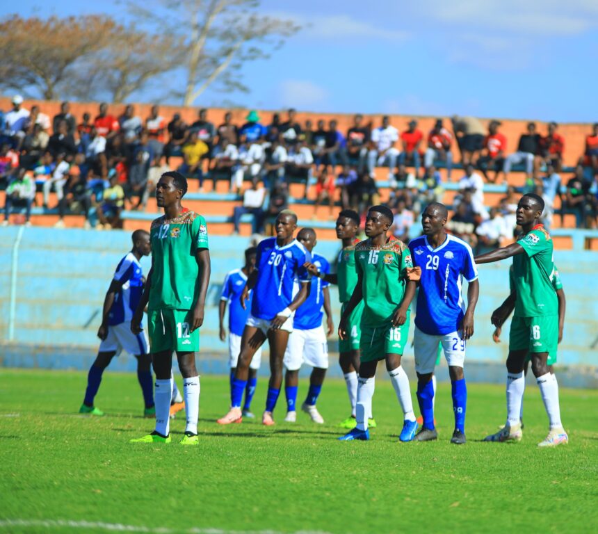 Atletico Lusaka and Nkwazi FC players waiting for the ball during a week four MTN Super League match at Nkoloma stadium1st September 2024 in Lusaka. (Photo by Nkwazi FC media)