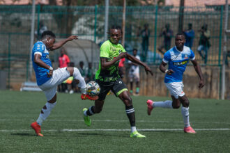 Kansashi Dynamos and Lepards Hill FC players during a National Division One League match. (Photo via KDFC media)