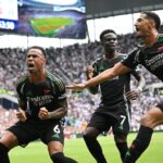 LONDON, ENGLAND - SEPTEMBER 15: Gabriel of Arsenal celebrates scoring his team's first goal during the Premier League match between Tottenham Hotspur FC and Arsenal FC at Tottenham Hotspur Stadium on September 15, 2024 in London, England. (Photo by David Price/Arsenal FC via Getty Images)