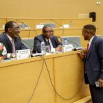 FAZ president Andrew Kamanga and his secretary general, Rueben Kamanga with FC MUZA owner Keith Mweemba during a FAZ AGM in Lusaka. (Photo via FAZ media)