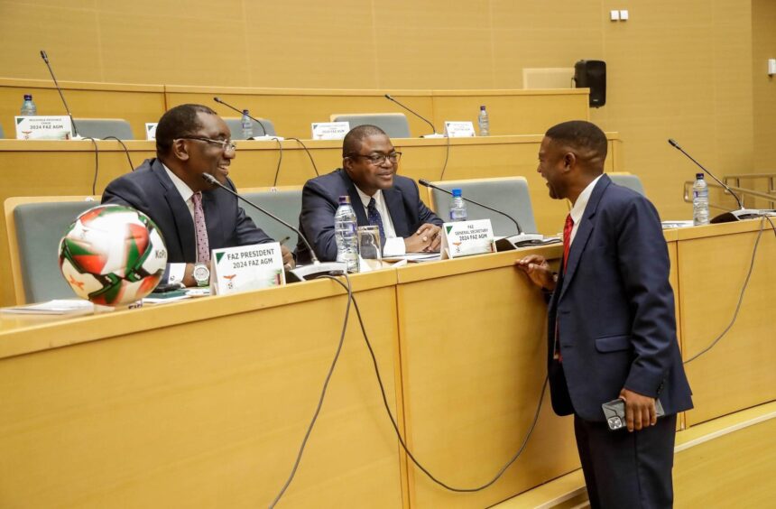 FAZ president Andrew Kamanga and his secretary general, Rueben Kamanga with FC MUZA owner Keith Mweemba during a FAZ AGM in Lusaka. (Photo via FAZ media)