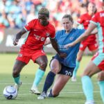 ansas City, MO, USA. 14th June, 2024. Kansas City Current forward Temwa Chawinga (6) controls the ball in front of Chicago Red Stars midfielder Bea Franklin (20) at CPKC Stadium in Kansas City, MO. David Smith/CSM (Photo by David Smith/Cal Sport Media via Alamy Live News.)