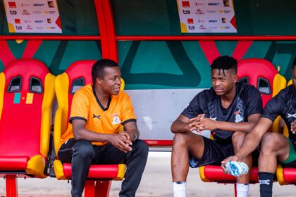 Chipolopolo Team Doctor Wesley Ngongo with Miguel Chaiwa. (Photo via FAZ media)