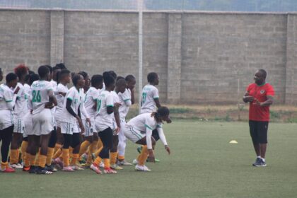 Malawi's Women's National Team coach, Lovemore Fazili during training with his players. (Photo via FAM media)